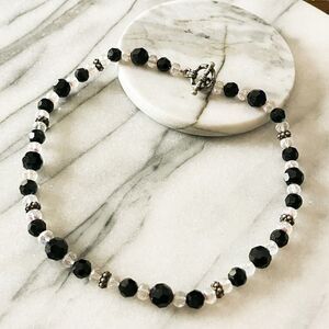 Semiprecious Stone Necklace Black Clear Crystal Beaded Evening Sophisticated‎